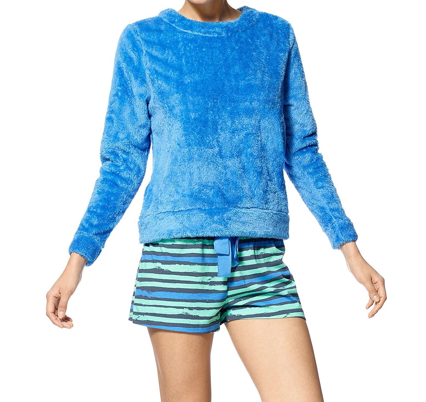 Hue HUE NEW Blue Women Size Medium M Fuzzy Sweater Striped Short