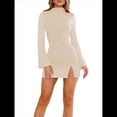 thumbnail image 2 of Vestido de Mujer con Mangas Largas Cruzadas, Volantes, Dobladillo Ajustado, Abertura, Cuello Medio Alto, Falda Corta, Cintura Ajustada. Albaricoque S, 2 of 9