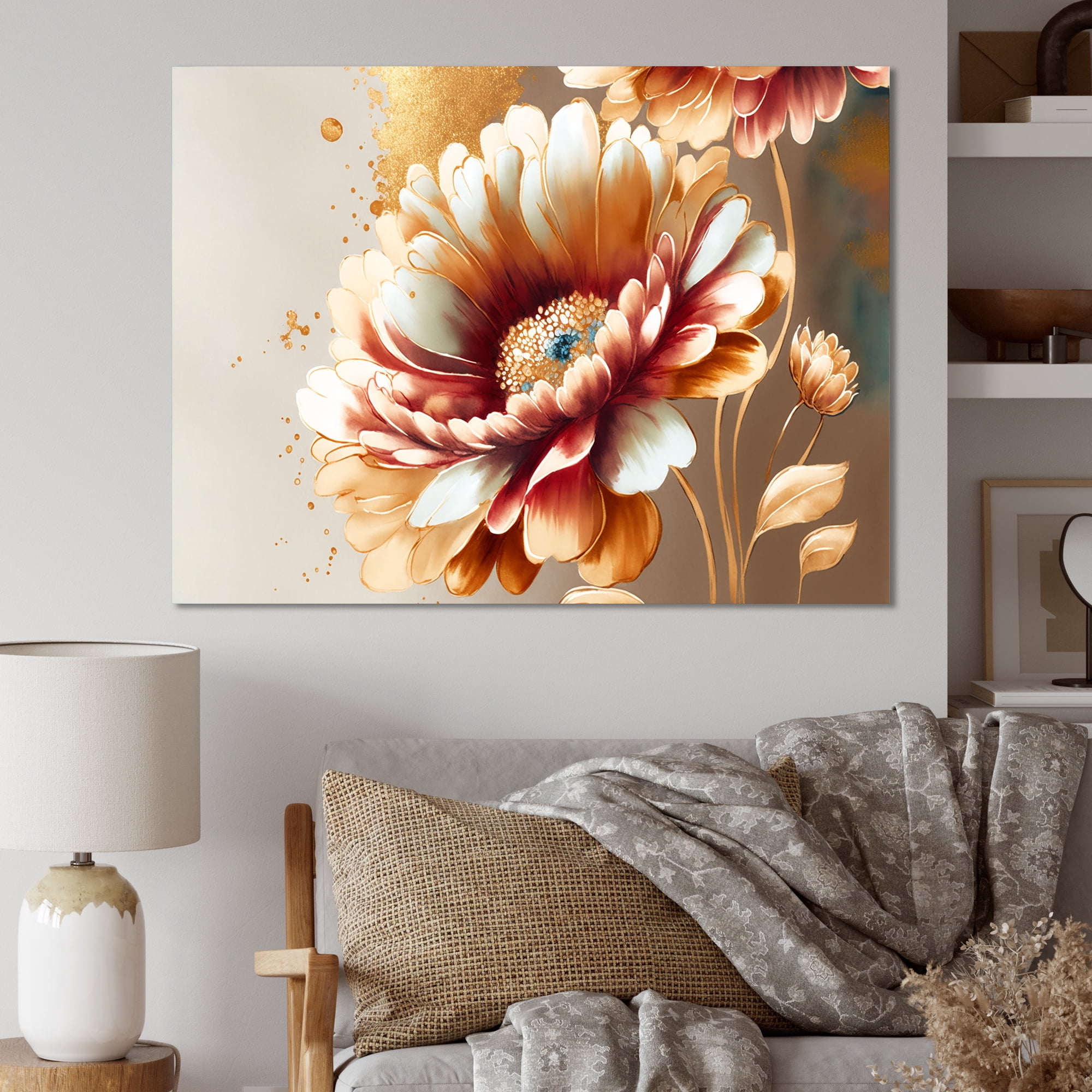 Designart Red And Gold Daisy Canvas Wall Art
