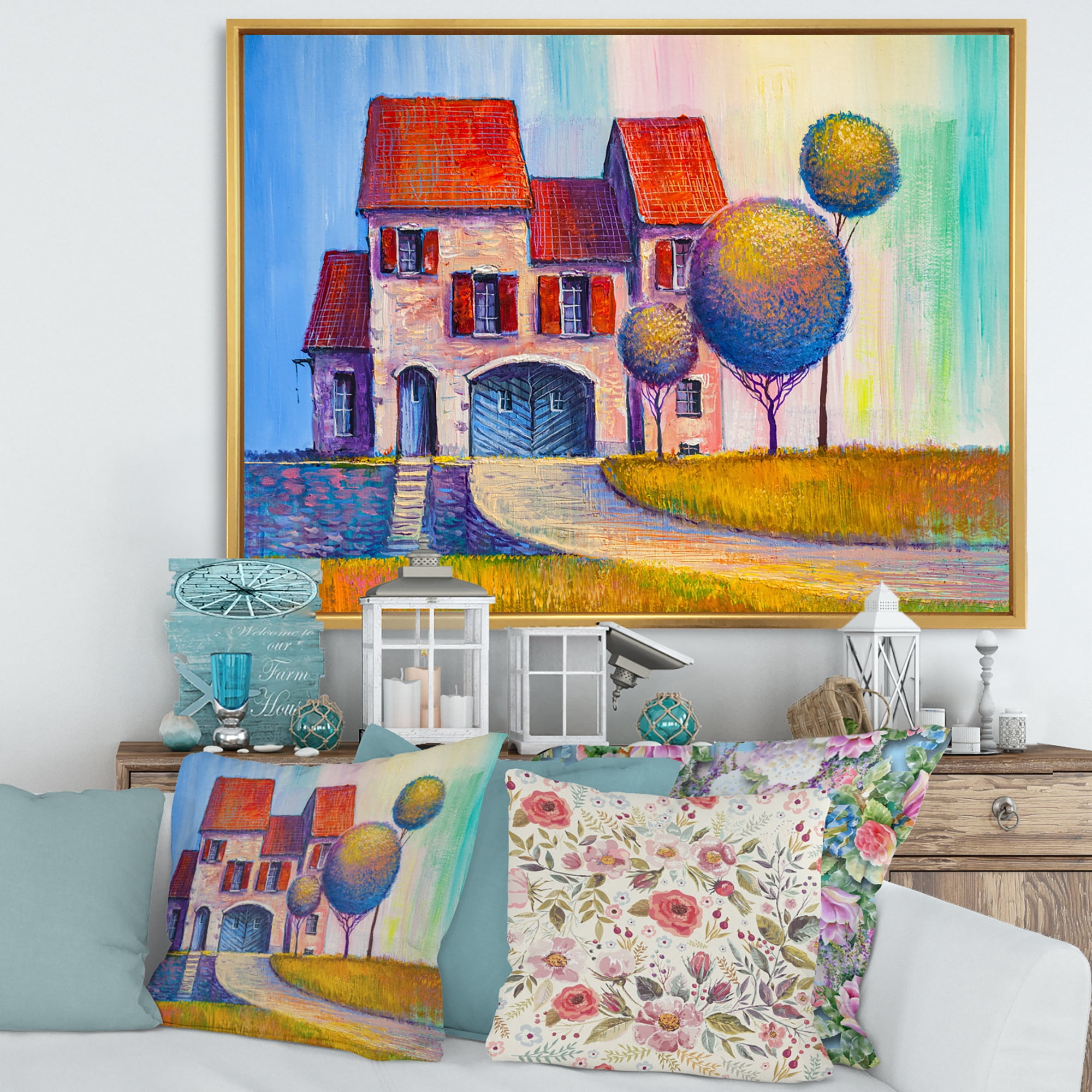Designart 'A Red Roof House With In The Village' Modern Framed Canvas Wall Art Print