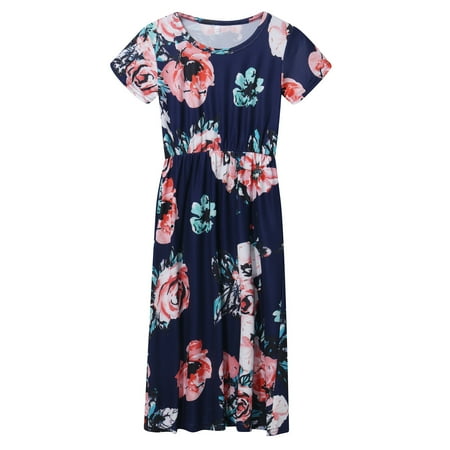 

DNDKILG Infant Baby Toddler Child Children Kids Summer Sundress for Girls Short Sleeve Dresses Floral Dress Navy 2Y-8Y