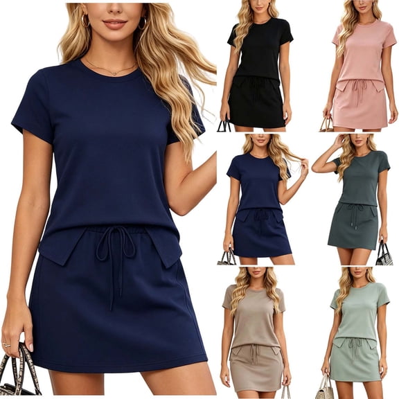 DYTTDG Women's 2-Piece Casual Outfit | Crew Neck Short Sleeve Top & Drawstring Waist A-Line Skirt Set, Matching Summer Set