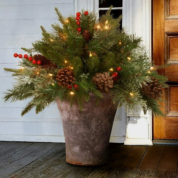 18 inches Pre-Lit Colonial Fir Artificial Christmas Urn Filler, Christmas Decoration with Pinecones, Red Berries, 35 Clear LED Lights, 167 Tips, Timer, Tripod Stake, Greenches