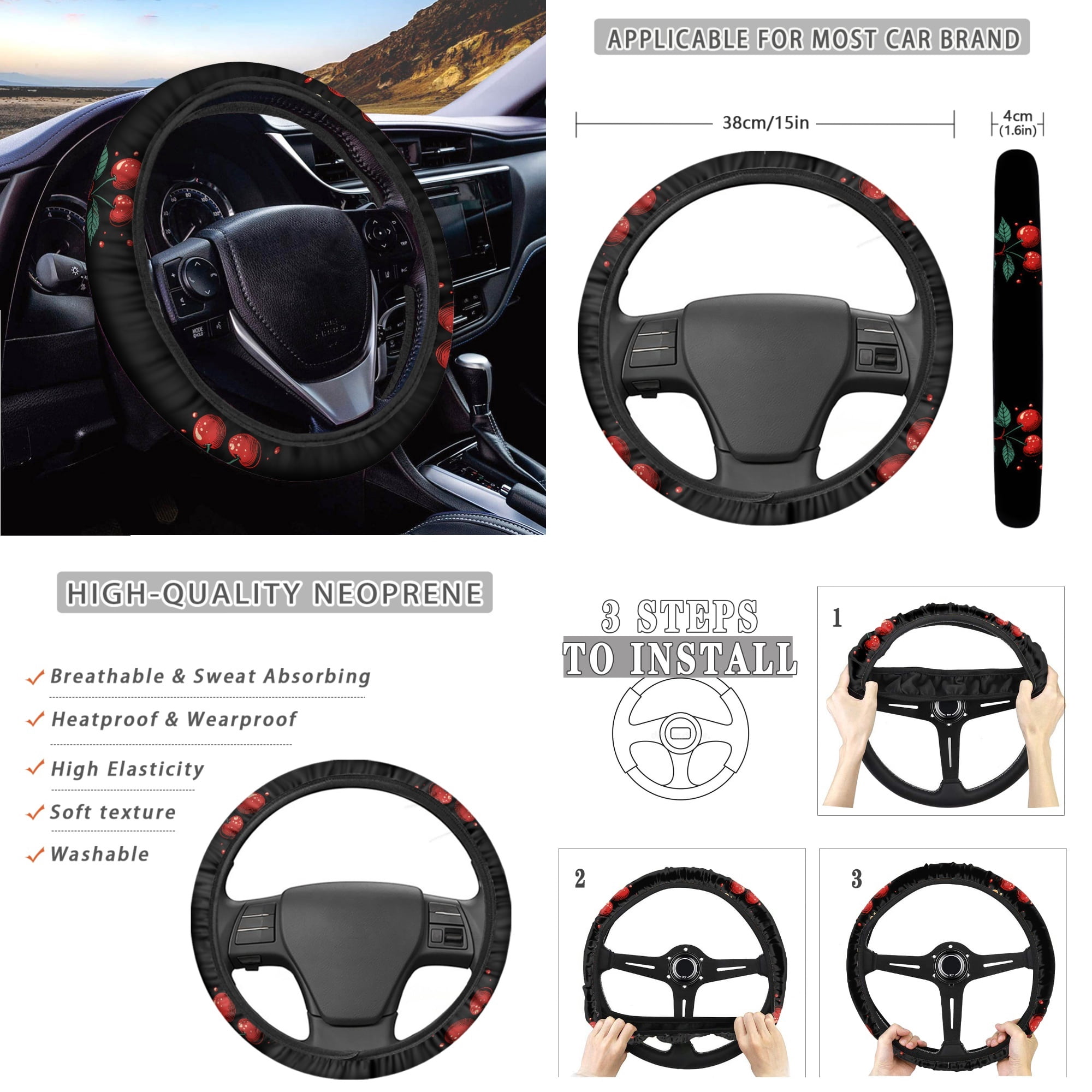 Yuyamidu 14pcs Cherry Car Seat Cover Protector with Steering Wheel Cover Seatbelt Pads Cute Auto Armrest Cover Trash Bin Rearview Mirror Cover Handbrake Cover Set Cup Holders for Women