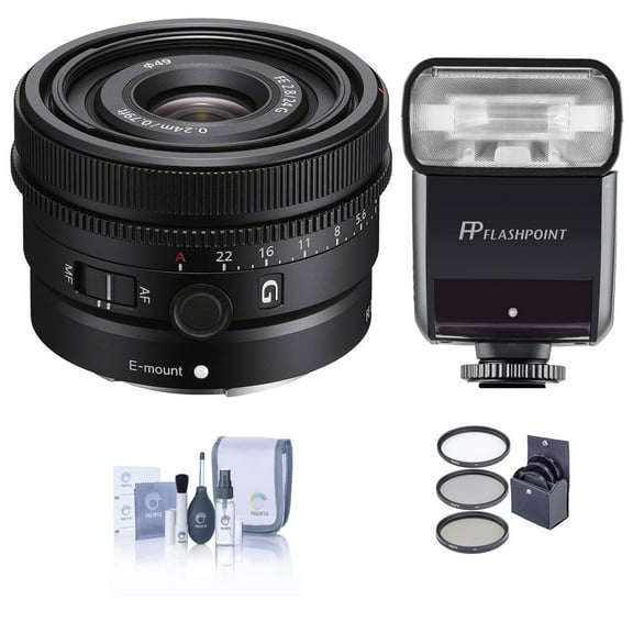 Sony FE 24mm f/2.8 G Lens for Sony E, Bundle with Flashpoint Zoom-Mini TTL R2 Flash, 49mm Filter Kit, Cleaning Kit