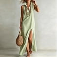 thumbnail image 2 of ZQUUVOU Women's Sleeveless Striped Maxi Dress Stand Collared V Neck High Slit Hem Casual Shift Dress Summer Vacation Outfits Olive Green, 2 of 7