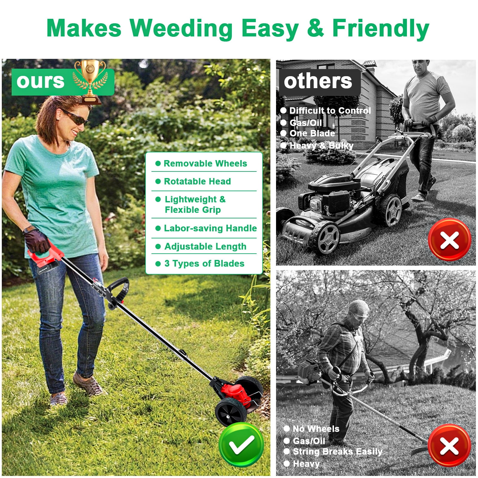 FOUKUS Cordless Weed Wacker Battery Powered - 800W Electric Grass Trimmer Edger Mower with Wheels - Lightweight Brush Cutter Tool for Lawn Care, Women & Elderly