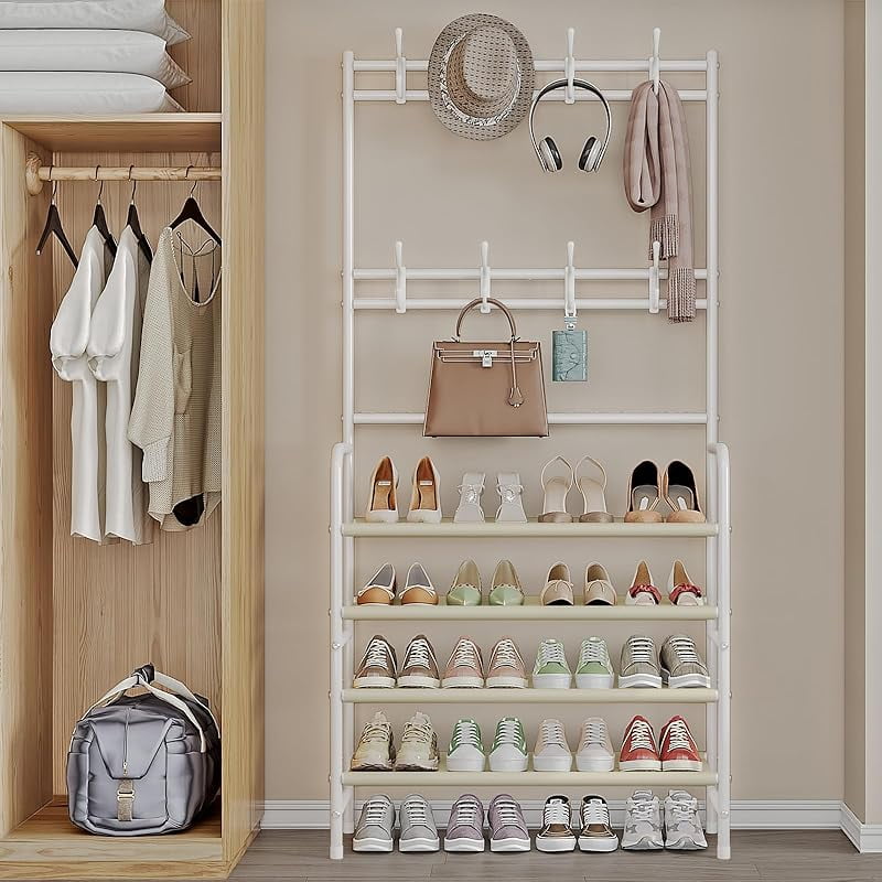 Coat Rack Shoe Rack With Storage Shelf Freestanding with 8 Hooks for Entryway Bedroom Closet (White, 4Tiers)