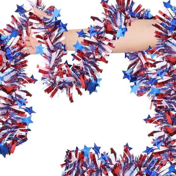 TUWAFE 4Th of July Garland Patriotic Decorations-Red White Blue Metallic Tinsel Twist with Stars for Independence Day Memorial Day Parade-Outdoor Indoor Tinsel Garland for Golf Cart Bike Party