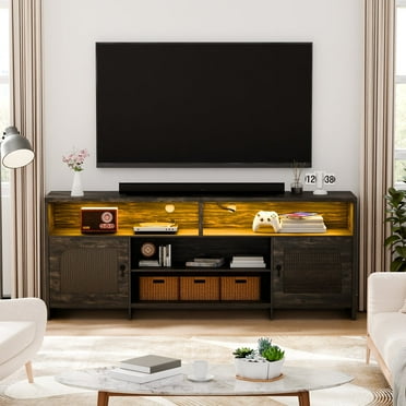 TV Stands for 85" TV, with Open Storage Shelf, Fluted Mid Century Modern Entertainment Center with Outlet, Console Table for Living Room