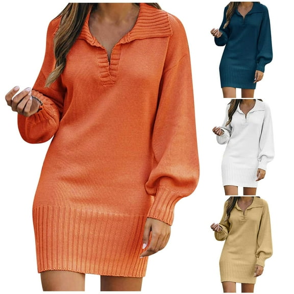 Lovskoo Sweater Dress for Women Medium Length Sweater Skirt with Lapel Lantern Sleeves Knitted Solid Color Long Skirt Orange