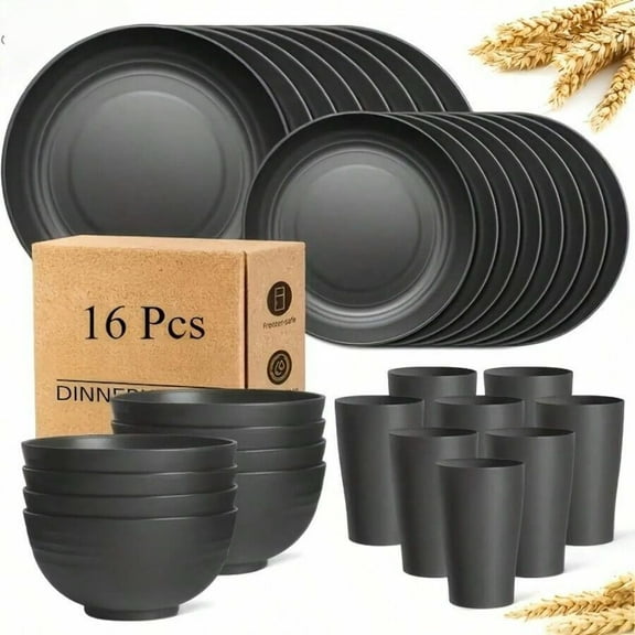 16PCS Wheat Straw Dinnerware Set - For 8 People (8 Plates 8 Bowls), Black, Microwave & Dishwasher Safe, Durable Tableware for Valentine's Day, Party & Gifts