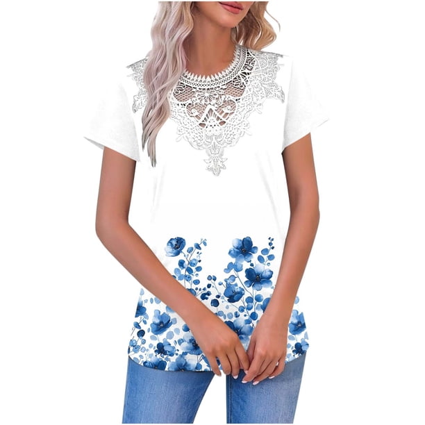 Tops de Manga Corta con Cuello en V para Mujeres Moda Impresión Casual Botón de Poliéster de Ajuste Regular Tops de Verano para Mujeres Cuello en V