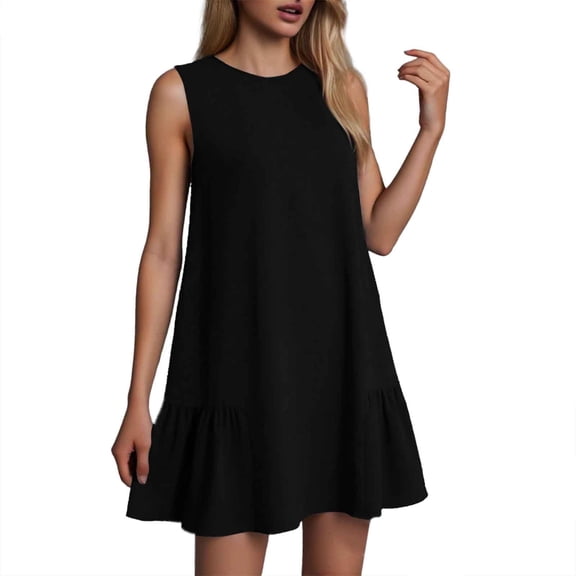 Women's Summer Casual Dress Round Neck Sleeveless Ruffle Tank A Line Beach Wear Comfortable Flowy Outfit Womens Casual Trendy Midi Dresses