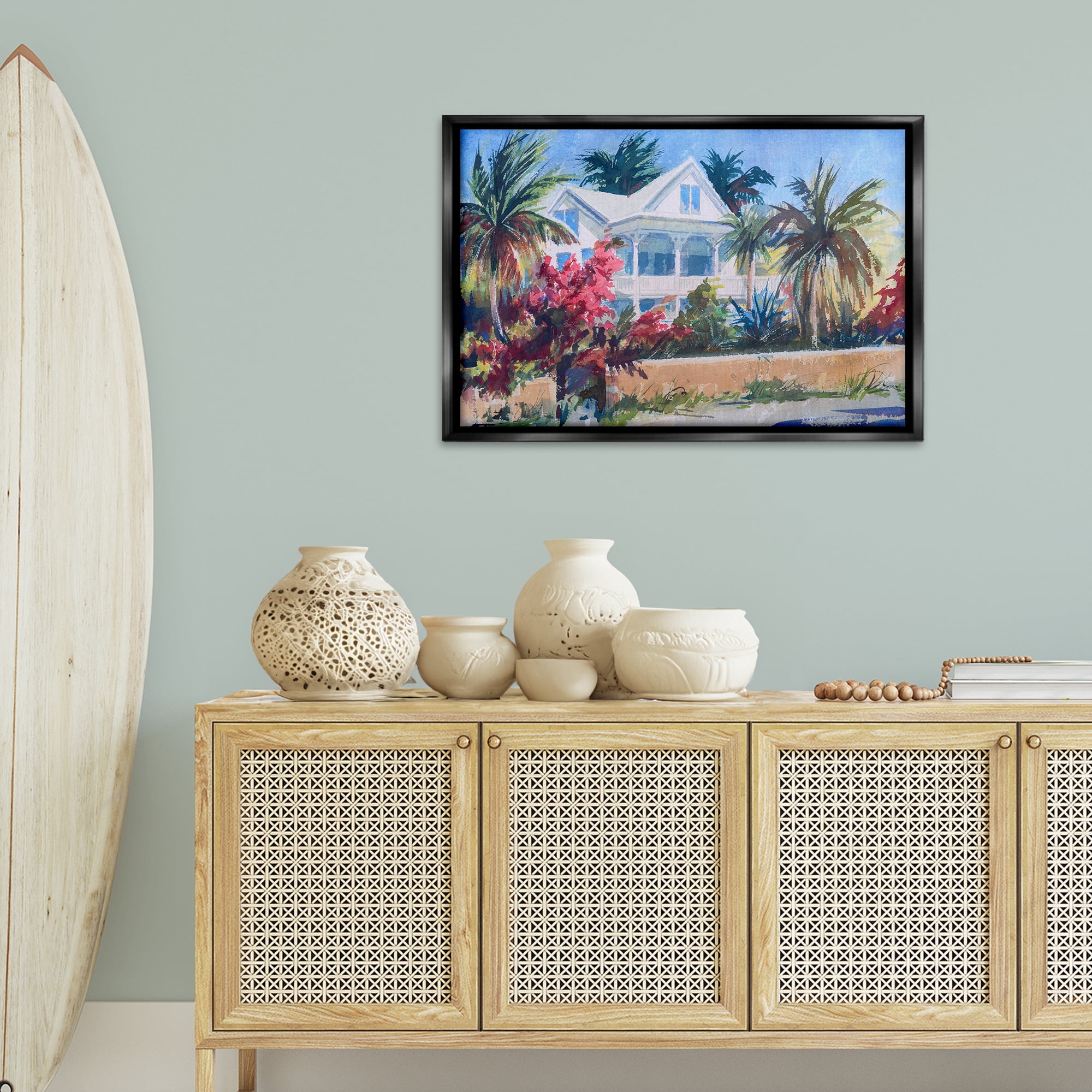 Stupell Industries Palm Tree Cottage Landscape Painting Black Floater Framed Canvas Art Print Wall Art, 31 x 21