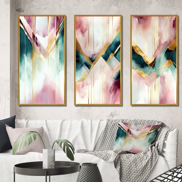 Designart "Geometric Pink and Green Geode I" Animals Framed Wall Art Set Of 3 - Pink Abstract Geometric Frame Gallery Wall Set For Home Decor