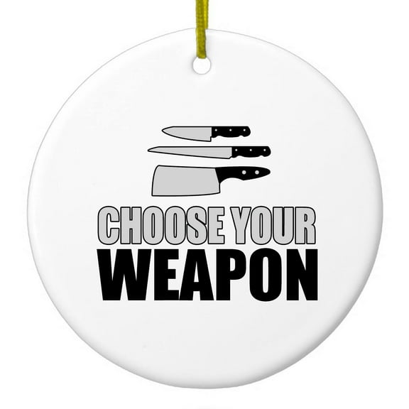 DistinctInk Hanging Ceramic Christmass Tree Ornament with Gold String - Great Gift / Present - 2 3/4 inch diameter - Choose Your Weapon - Chef Knives