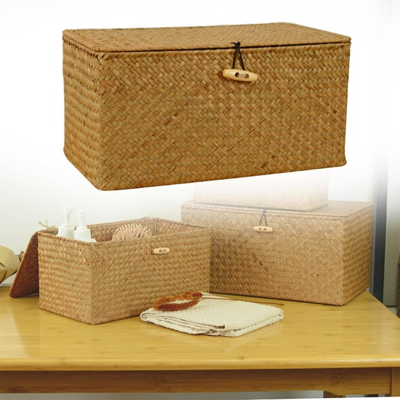 Wicker Baskets with Lids, Nautral Seagrass Storage Baskets, Woven Rectangular XS