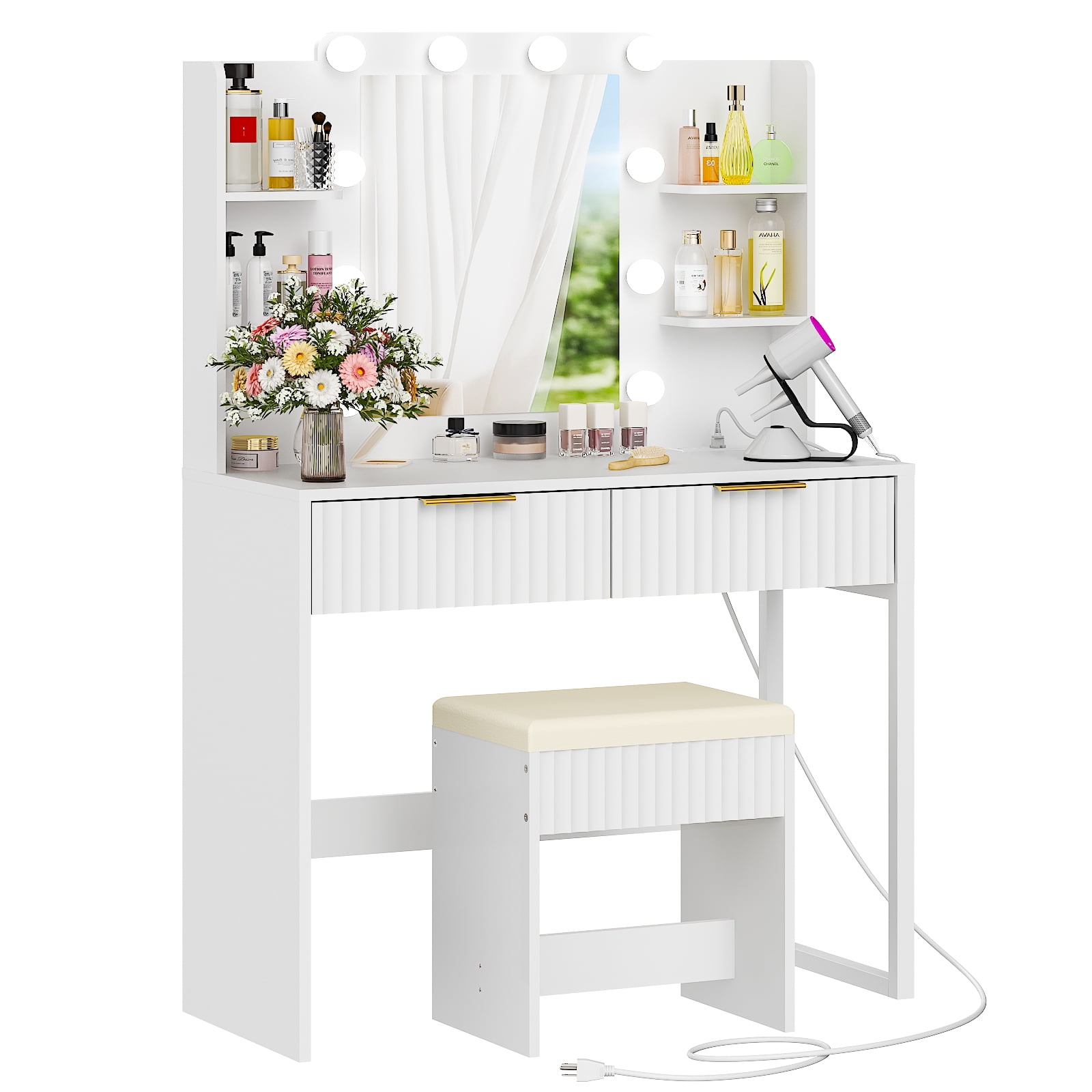 Ktaxon Lighted Makeup Vanity and Stool, White Vanity Table Set with 2 Drawer and Charging Station, Femal Gift