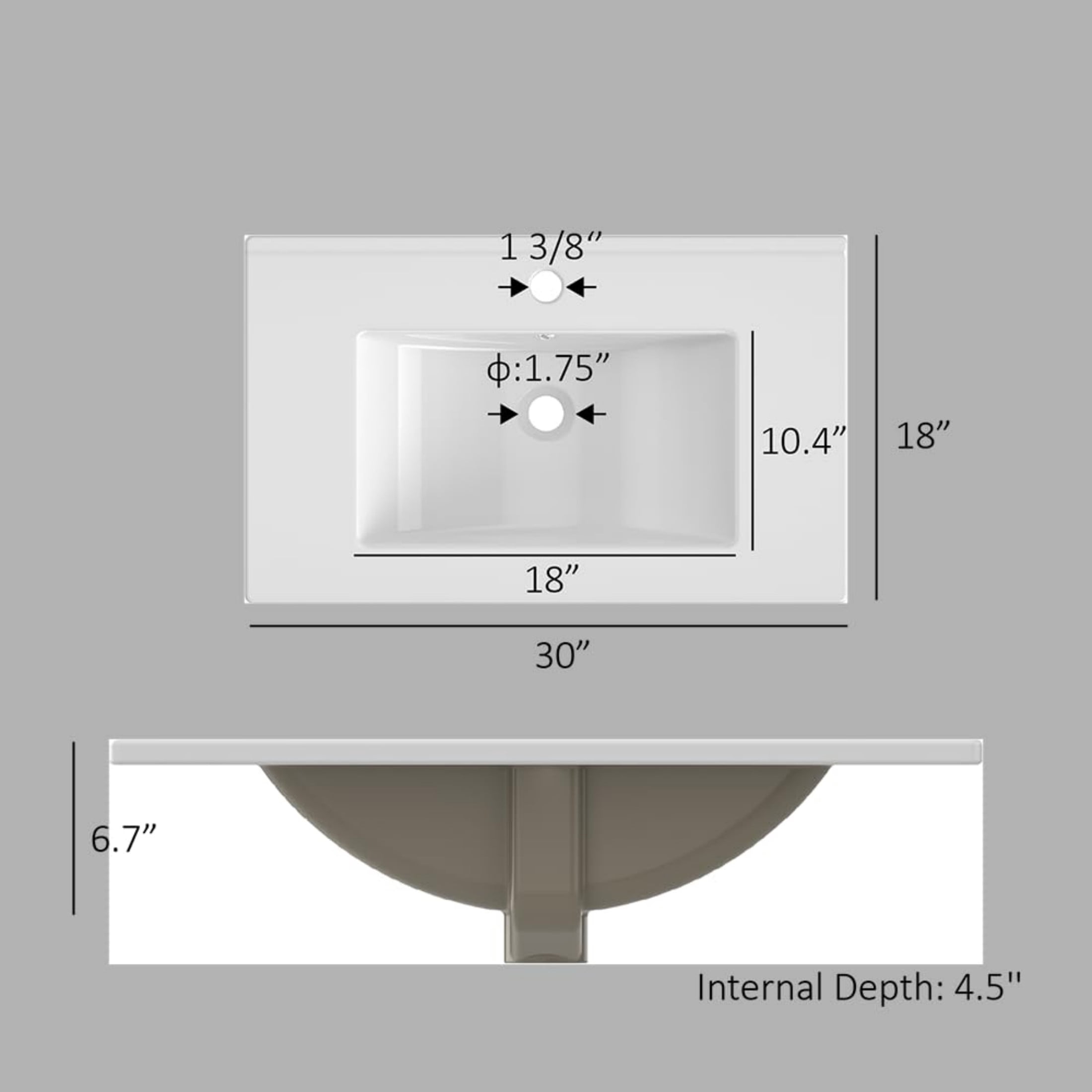 30'' Vanity Sink Top,Bathroom Undermount Ceramic Sink Top W/One Hole, Rectangular Porcelain Sink Basin,Overflow Drain,White