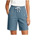 thumbnail image 3 of VBVC Women's Drawstring Button Knee Length Shorts , Cotton Linen Summer Shorts For Women , Ladies' Lightweight Bermuda Shorts with Pockets,Light Blue,S-2XL, 3 of 9