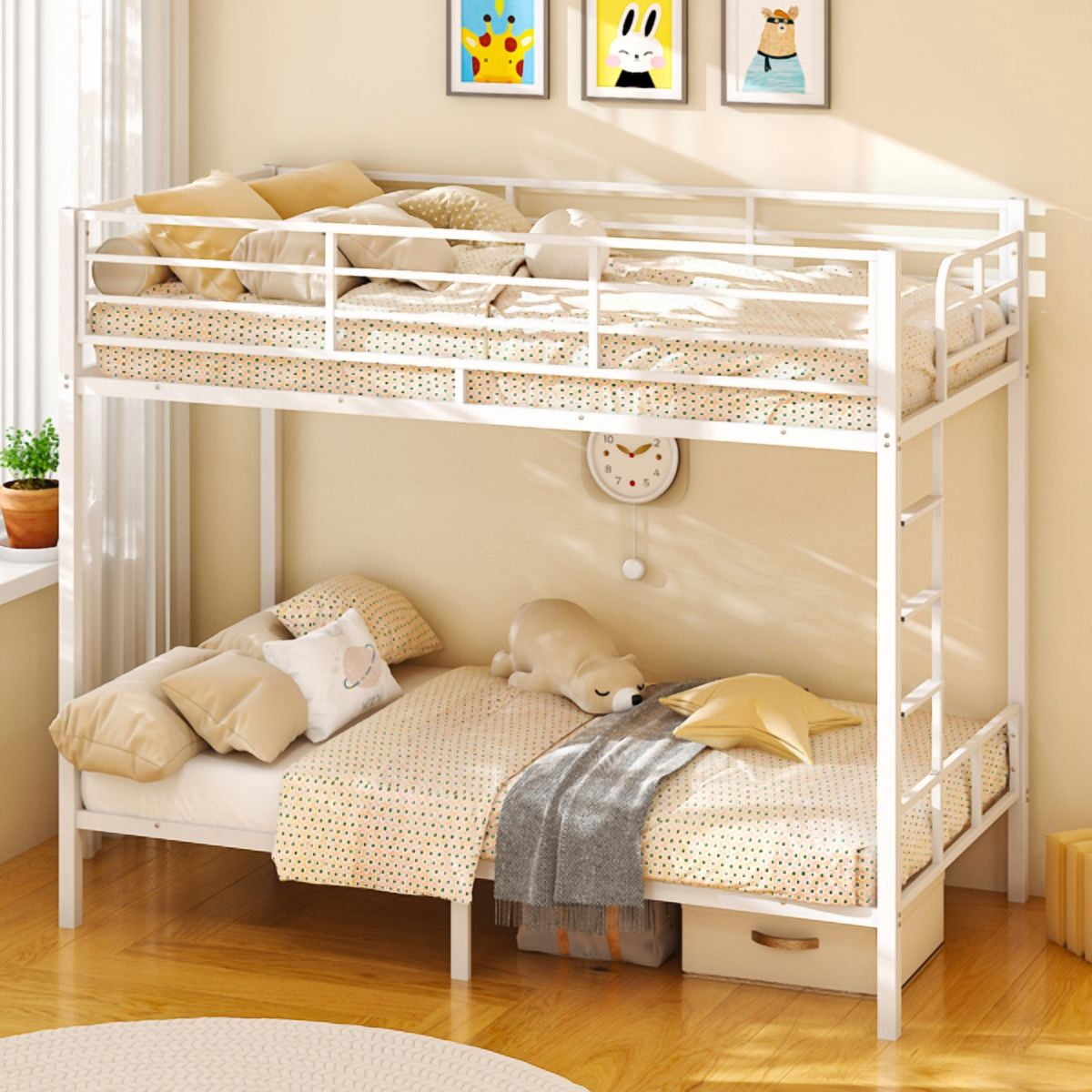 Alvantor 400 lb Capacity Twin Over Twin Metal Bunk Bed with Full-Length Guardrails and Side Ladder, White