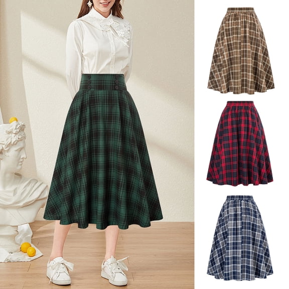 Joernso Women Midi Skirt Plaid Print High Waist A-Line Skirt Large Hem Design Slimming Effect Autumn Winter Skirt