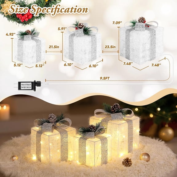 Set of 3 Christmas Lighted Gift Boxes with Plug, Indoor Outdoor Christmas Decorations with 60 LED Warm White Mini String Lights, Present Boxes with Silver Tinsel for Xmas Tree Porch Decor