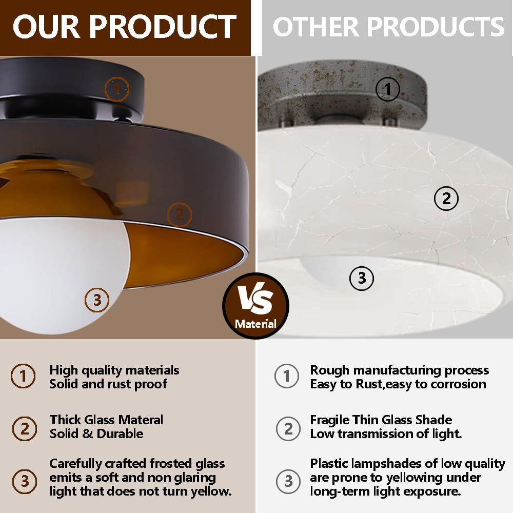 Mid-Century Modern Semi Flush Mount Ceiling Light, Kitchen Ceiling Light Fixture with Glass Shade,Vintage Close to Ceiling Lamp for Entryway Hallway Bathroom