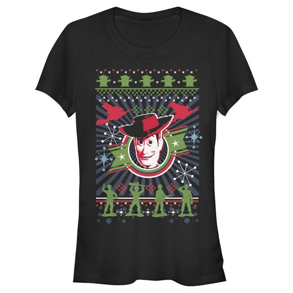 Junior's Toy Story Christmas Woody Pattern  Graphic Tee Black Small
