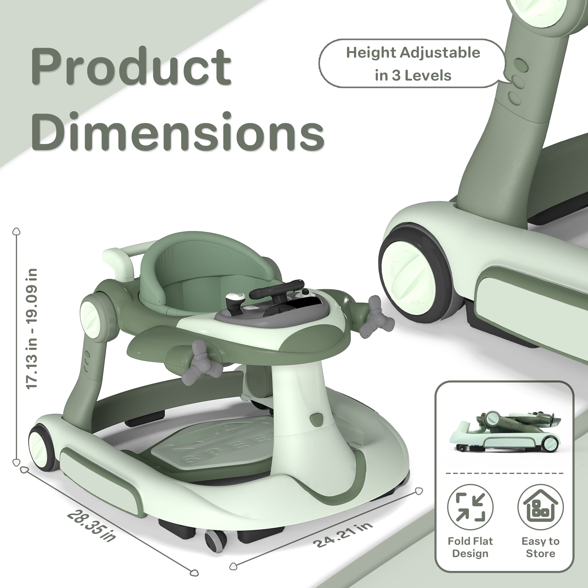 AILEEKISS 5-in-1 Musical Baby Walker with Wheels, Foldable Baby Walker for Boys Girls, Green