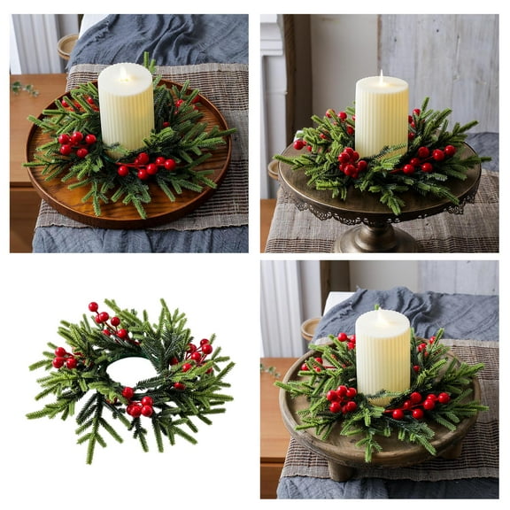 4 Pcs Artificial Berry Candle Rings,11 Inch Mini Christmas Wreath for Rustic Wedding Centerpiece,Christmas Festival Table Decoration