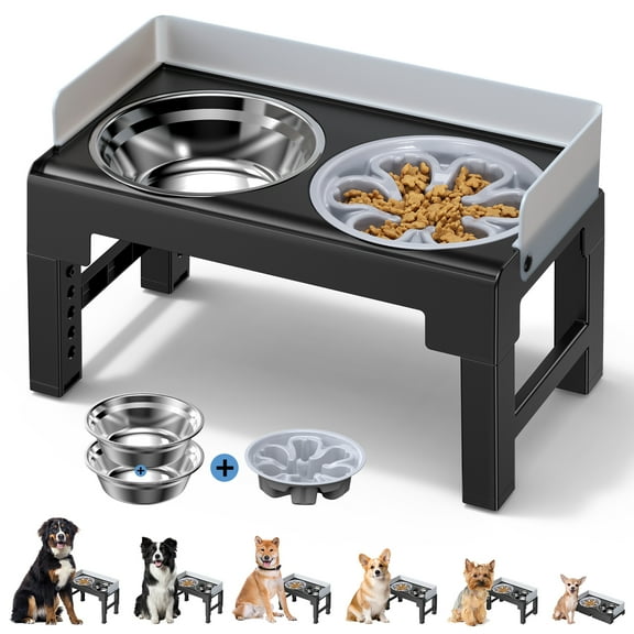 Euqvunn Elevated Dog Bowls, Raised Dogs Bowl Stand for Medium Large Dog, 6 Heights Adjustable 3.1", 8.7", 9.4", 10.2", 11", 11.8", Dog Feeder with 2 Stainless Steel Dishes &1 Slow Feeder Bowl