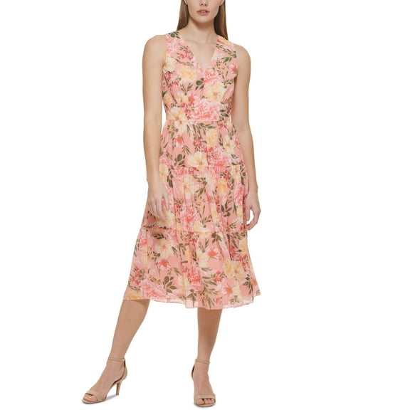 Vince Camuto Womens Printed Chiffon Midi Dress Blush 4