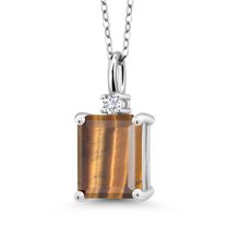 Gem Stone King 925 Silver Brown Tiger Eye and White Lab Grown Diamond Pendant Necklace for Women (3.04 Cttw, Gemstone Birthstone, Emerald Cut 10X8MM with 18 inch Silver Chain)