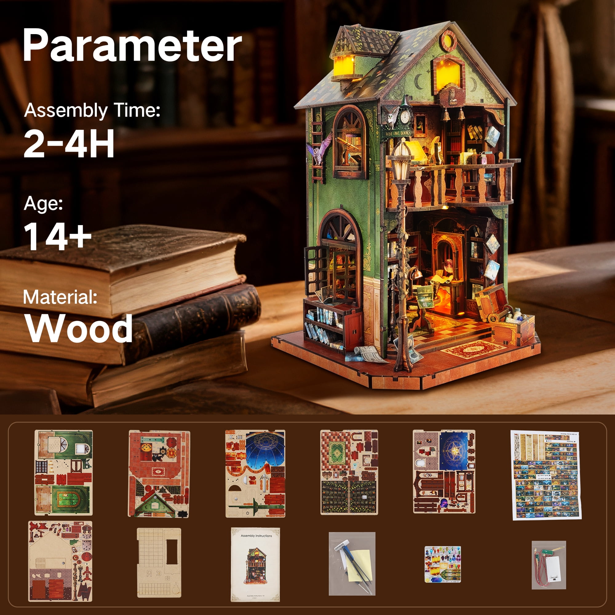 BELEEV Book Nook Kit,3D Wooden Puzzle，Owl Library Book Nook with Lights,DIY Miniature House Model Kit for Adults,Dollhouse Craft Kit Birthday Gift for Teens & Adults - Owl Library