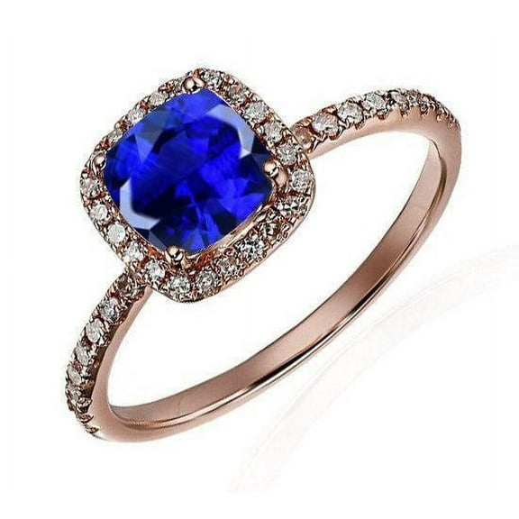 2.05 Carat Blue Sapphire 7mm Cushion Cut And Moissanite Diamond Engagement Ring in 10k Rose Gold For Women