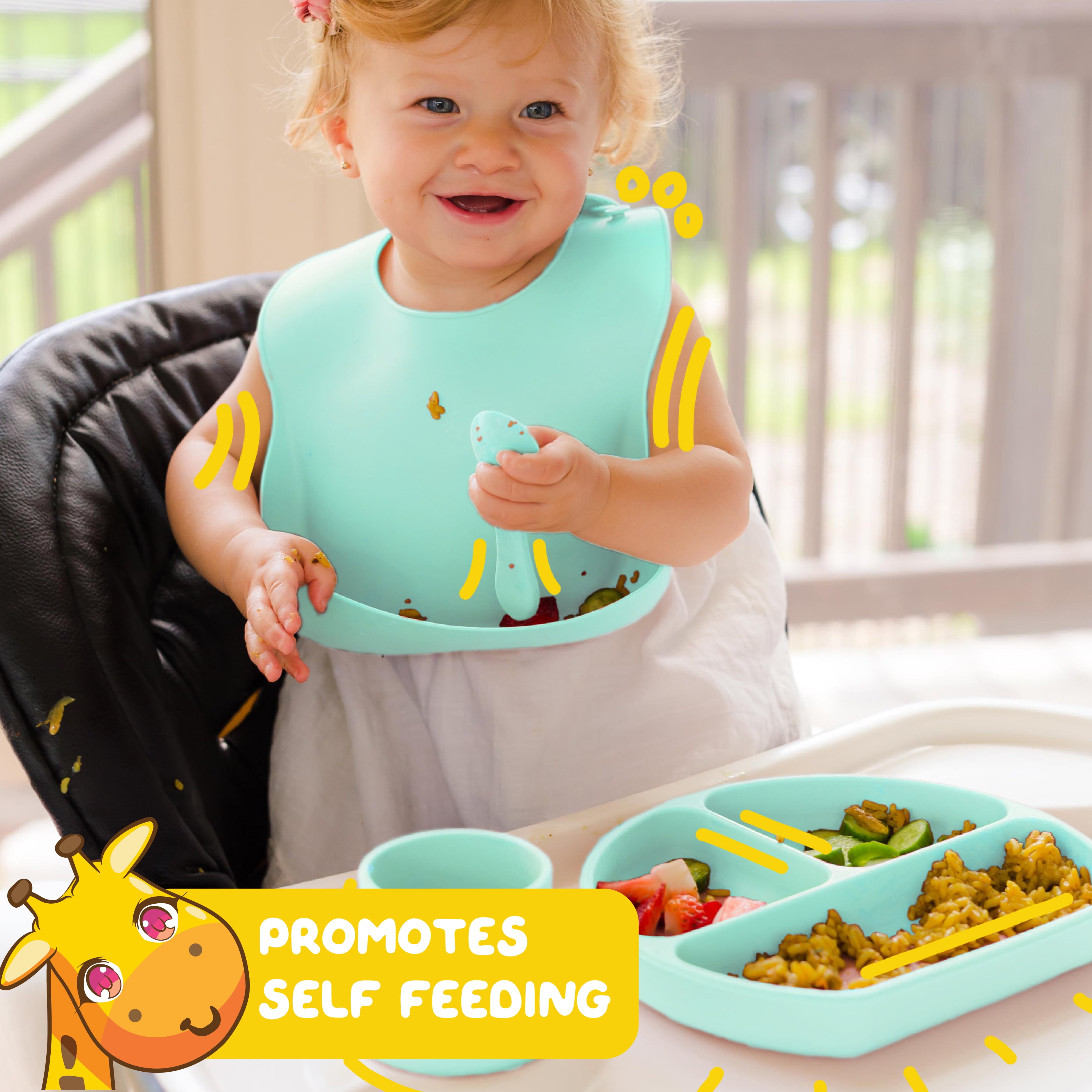 Muqee Peeko Minty Green Silicone Baby and Toddler Feeding Set - Plate Set with Utensils (6 Piece Set)
