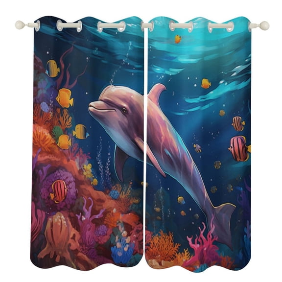 Marine World Dolphin 2 Panels 3D Printing Pattern Curtain for Bedroom Living Room Kitchen Window Decoration Home