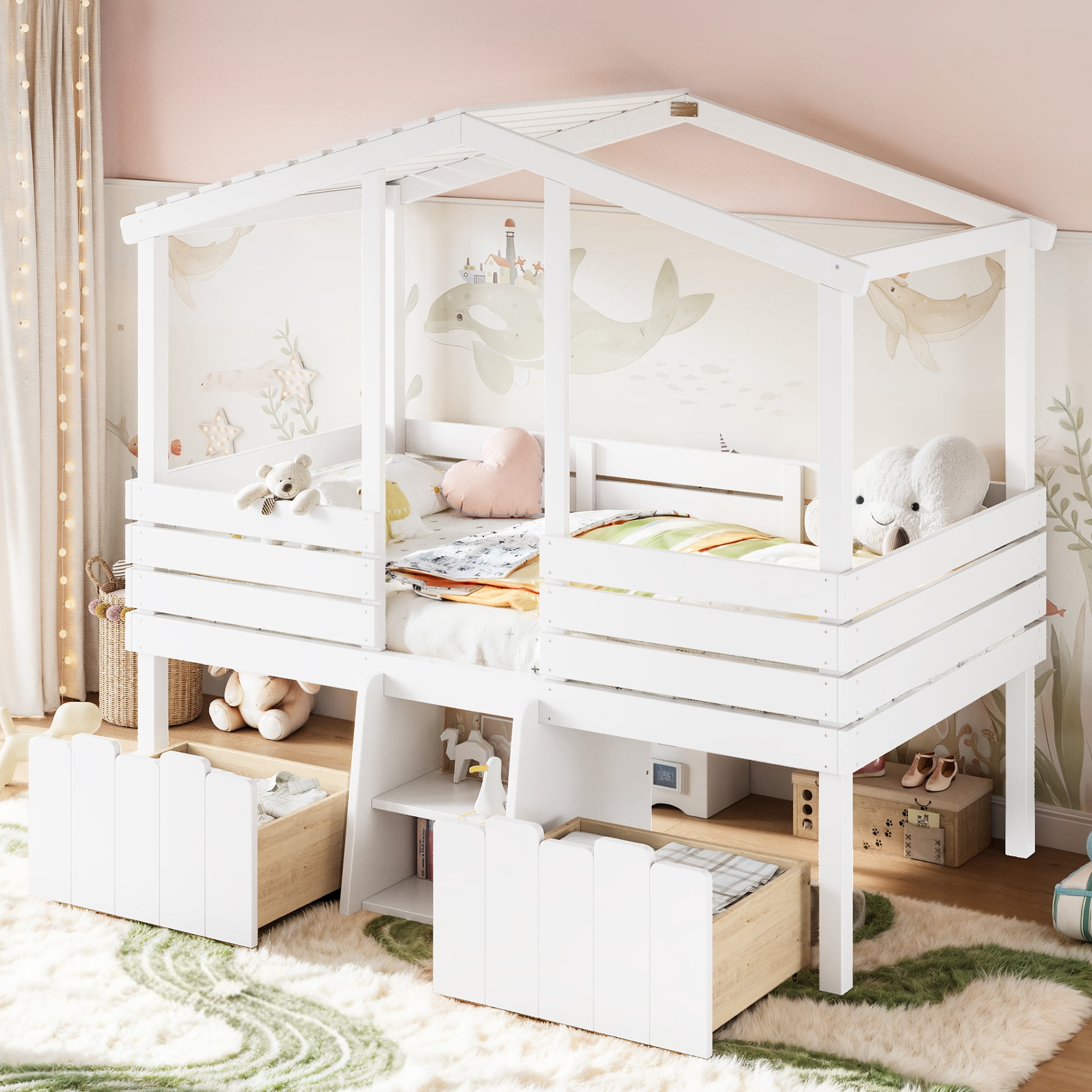 HOQBN House Loft Bed Twin Size,Low Loft Bed with Stairs and 2 Big Storage Drawers,Farmhouse Style Bed Frame with House Shaped Roof,White