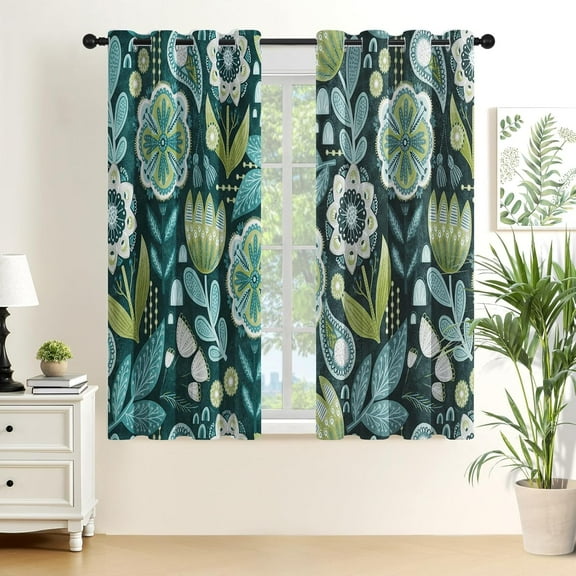 Boho Floral Blackout Curtains for Bedroom Windows, Plant Leaves Print Curtains for Living Room, Dark Green Bohemian Dining Room Curtain Draperies 2 Panel Sets, 52" X 63"