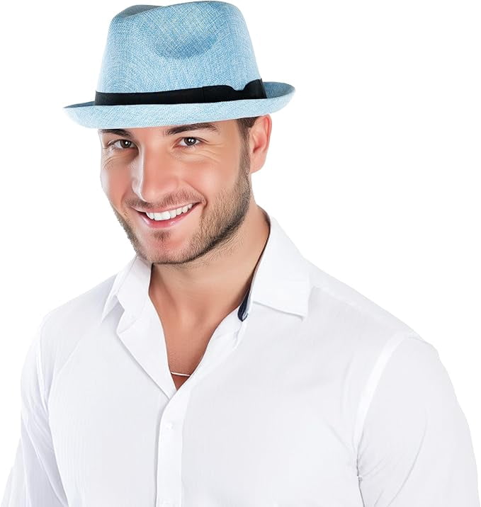 Funky Junque Lightweight Porkpie Fedora Sun Hat - Light Blue (Small/Medium)
