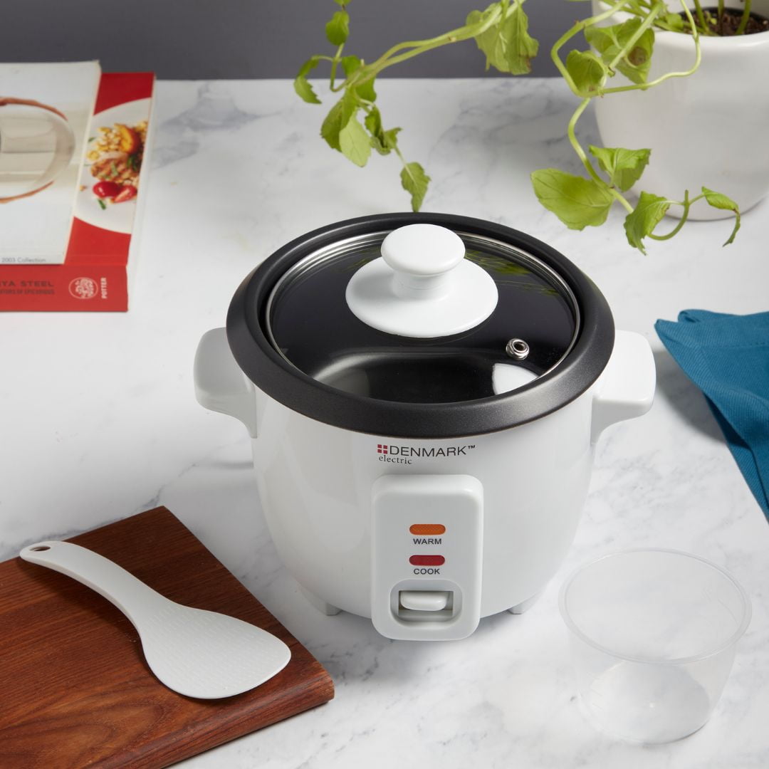 Denmark Electric 4 Cup Rice Cooker with Glass Lid, Rice Paddle, Measuring Cup, and Nonstick Removable Inner Pot, White