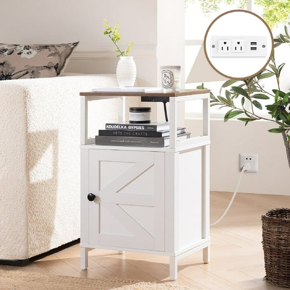 Farmhouse Wood NightStand with Charging Station & Adjustable LED,End Table with Storage Cabinet and Shelf, Bed Side Table with Barn Door for Bedroom Living Room, White