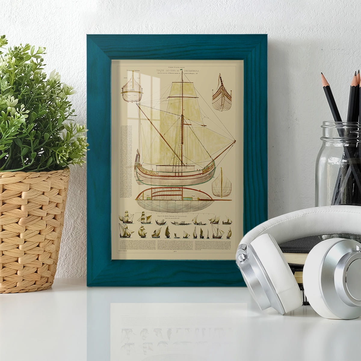 Antique Ship Plan I -Framed Print w/glass-Ocean Blue