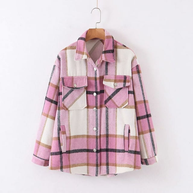 Women Plaid Button Down Jacket Long Sleeve Loose Coat Lapel Outwear with Pocket