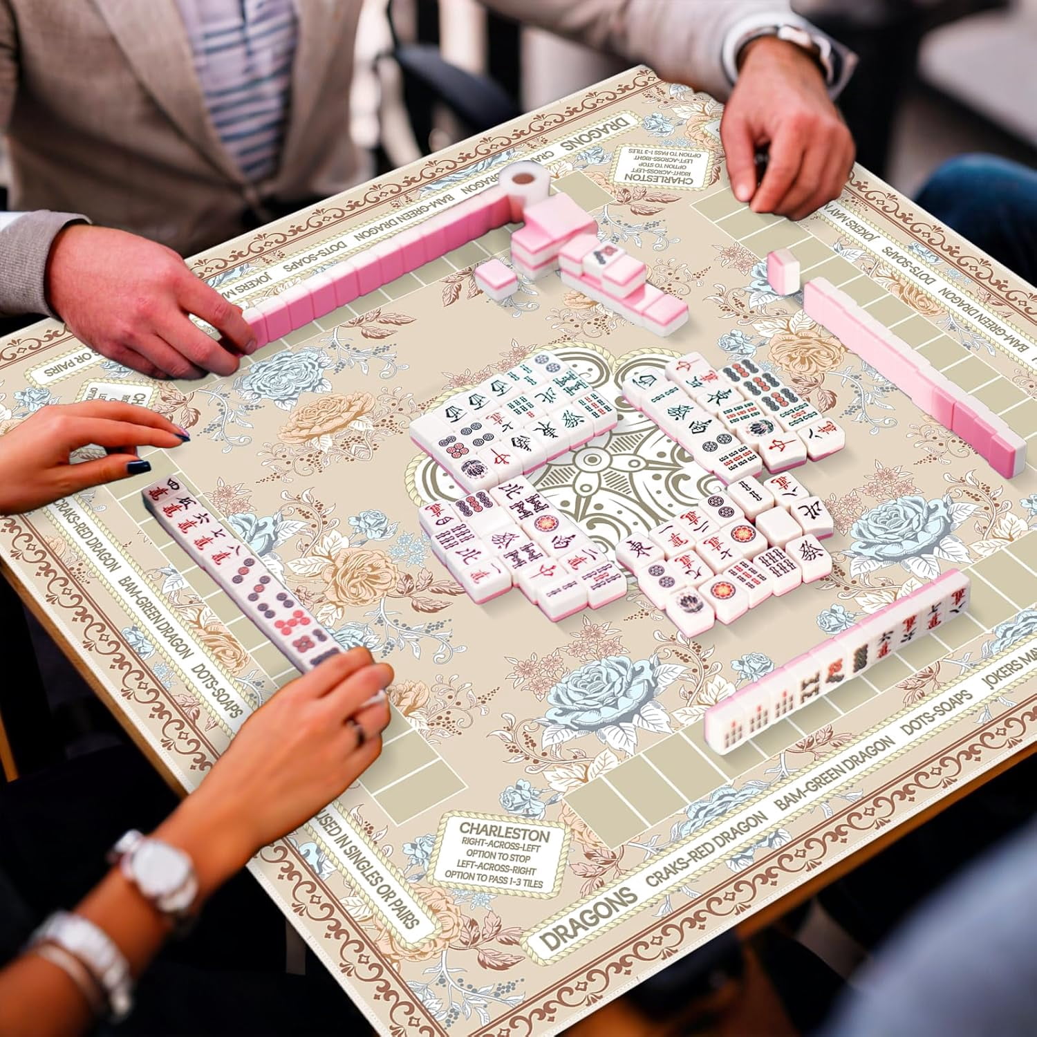 Chinoiserie Mahjong Mat with Black Carrying Bag 31.5 x 31.5 in Multi Purpose Game Table Cover Anti Slip and Noise Reduction for Mahjong Poker Board Card Dominoes Games(Beige)