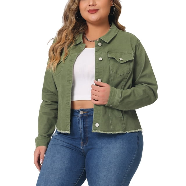 Chaquetas de mezclilla de mujer de tallas grandes Agnes Orinda, de manga larga, con bolsillos, 2X, verde