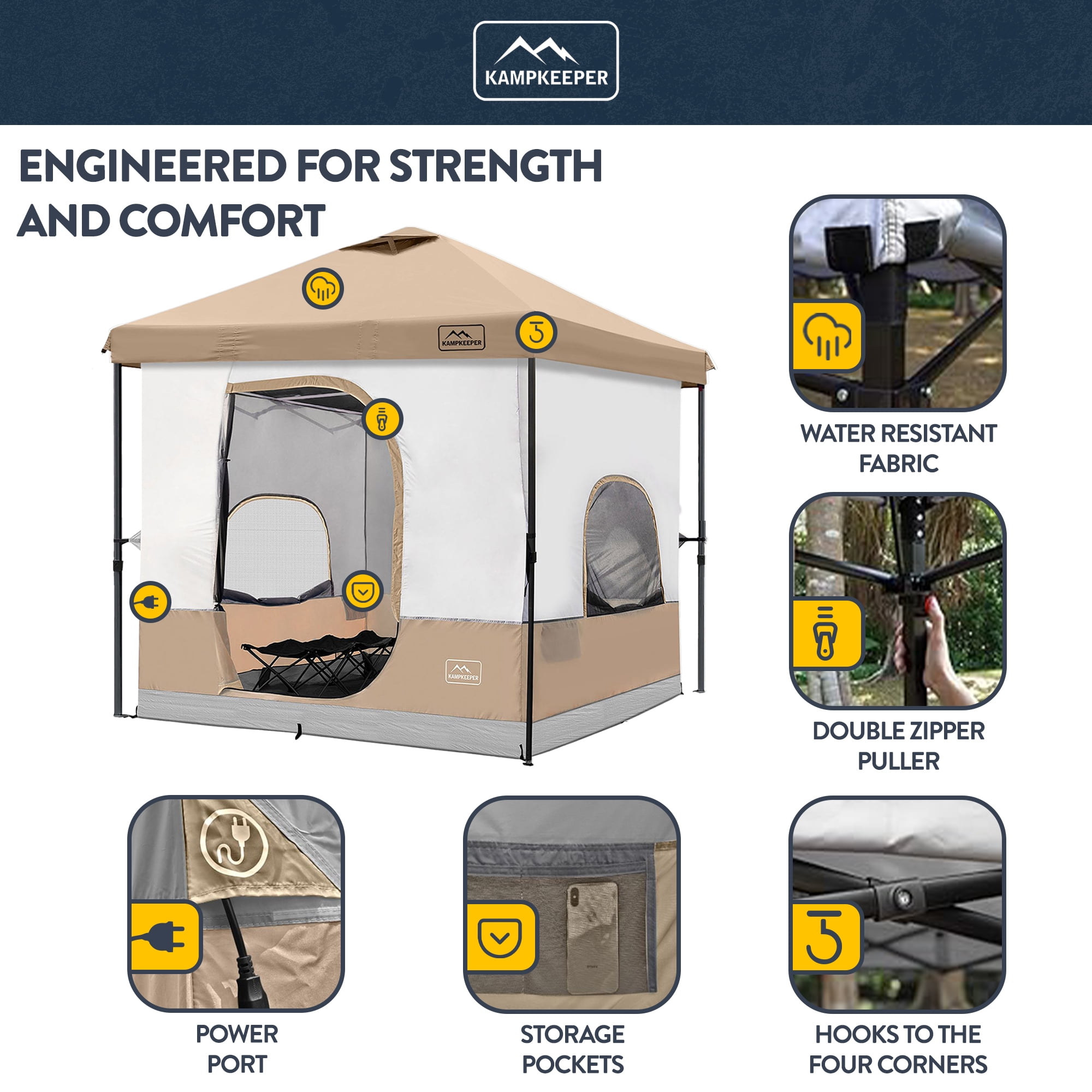 KAMPKEEPER 10x10 Instant Pop Up Canopy with Camping Inner Tent, Fits 6 Person, Khaki