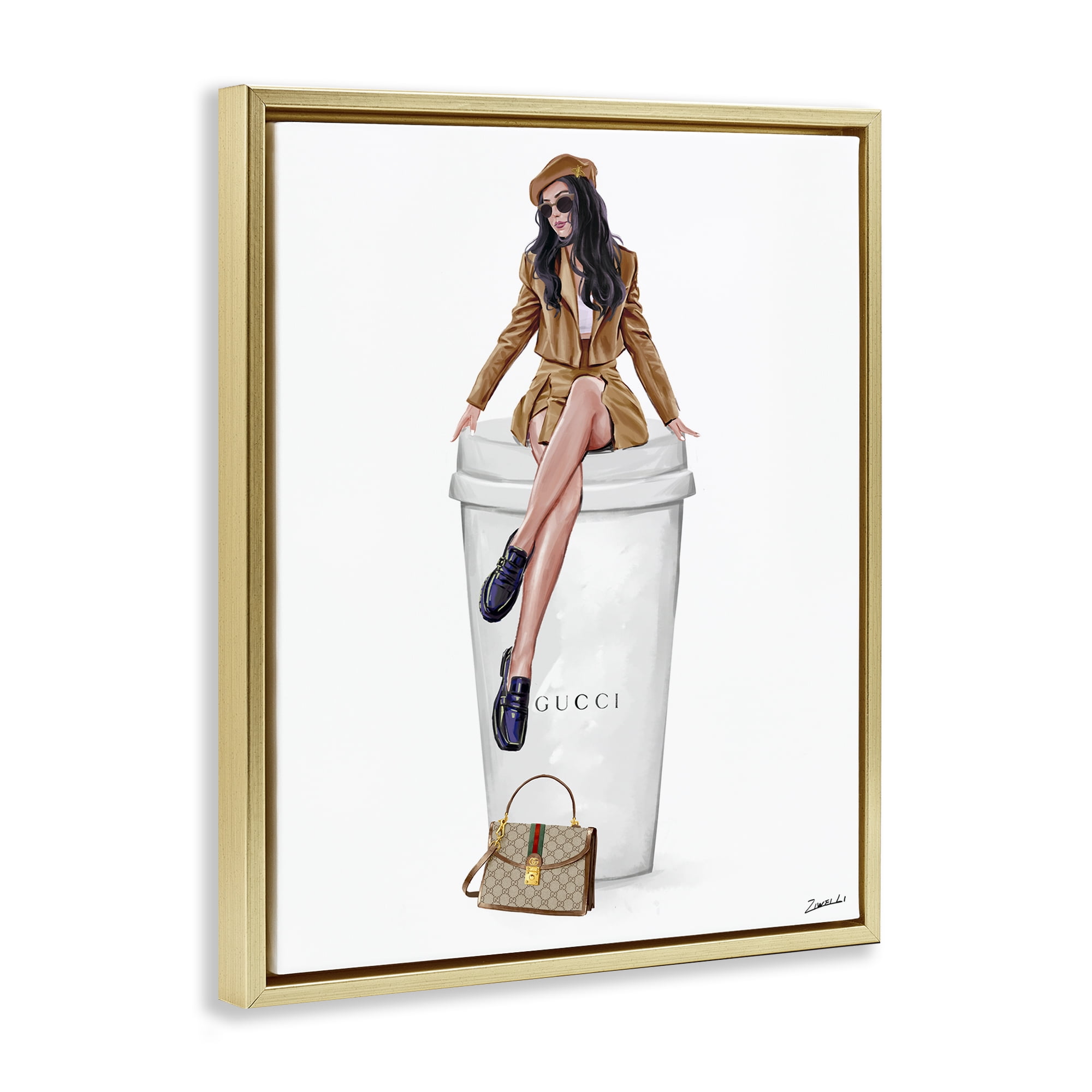 Stupell Industries Chic Lady on Coffee Cup People Painting Gold Floater Framed Canvas Art Print Wall Art, 25 x 31